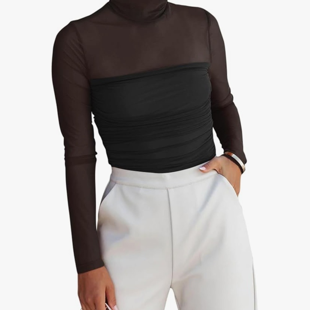 Reoria black sheer mesh mock turtleneck long  sleeve  size small